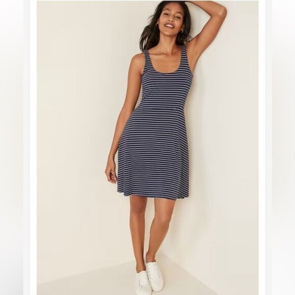 Old Navy Sleeveless Fit & Flare Striped Navy & White Jersey Dress Sz Large - Picture 9 of 9